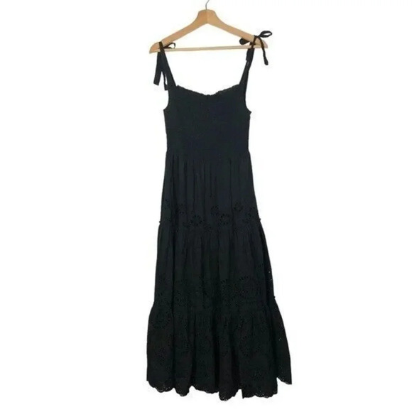 Zara Black Smocked Eyelet Tiered Midi Dress M - Picture 2 of 6